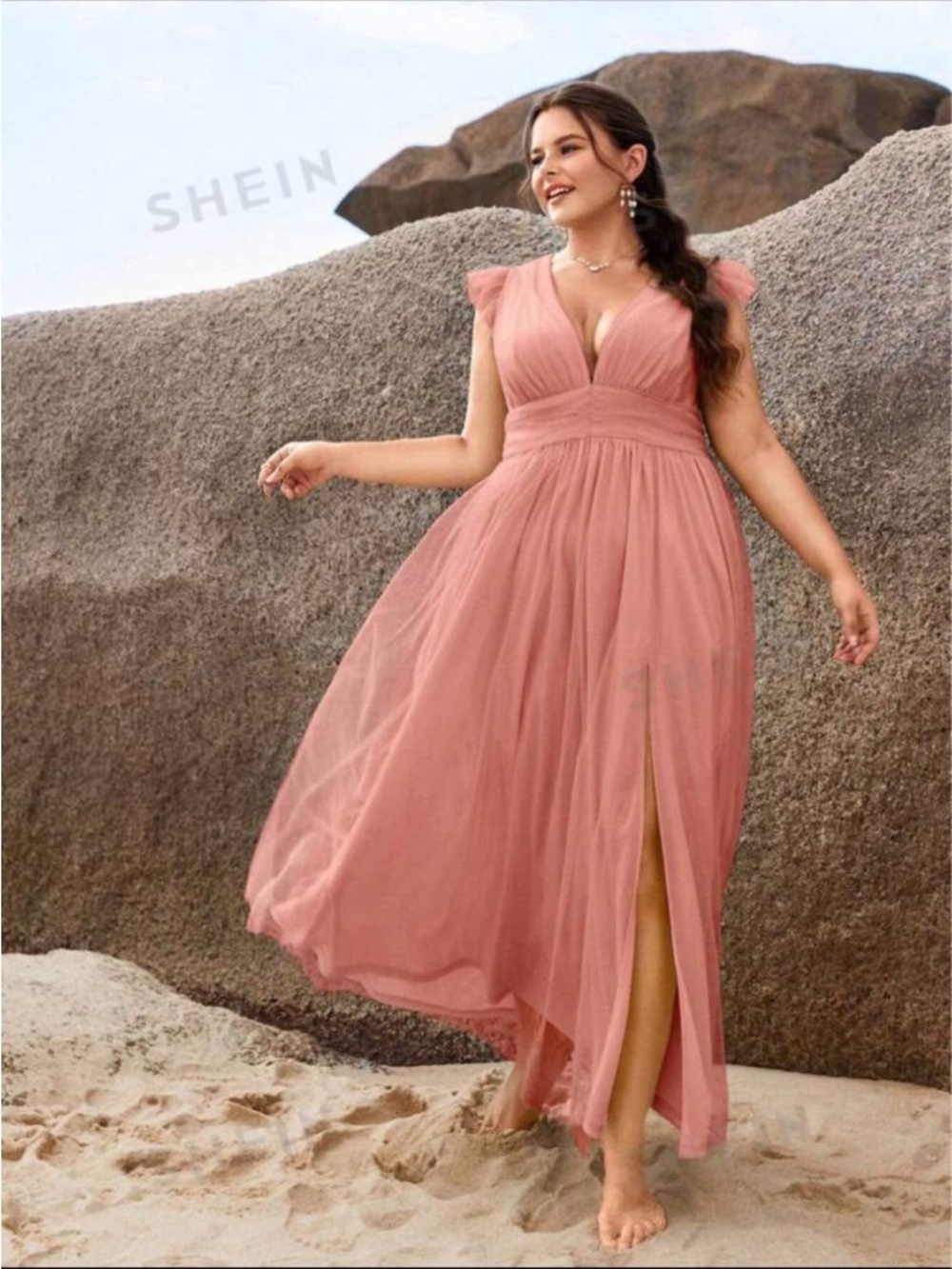 SHEIN Dusty Rose V‑Neck Chiffon Maxi Dress